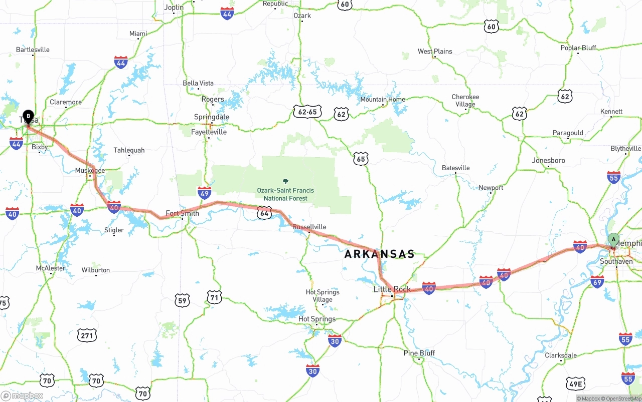 Shipping route from Memphis to Tulsa
