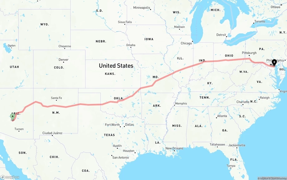 Mesa to Baltimore freight shipping route map
