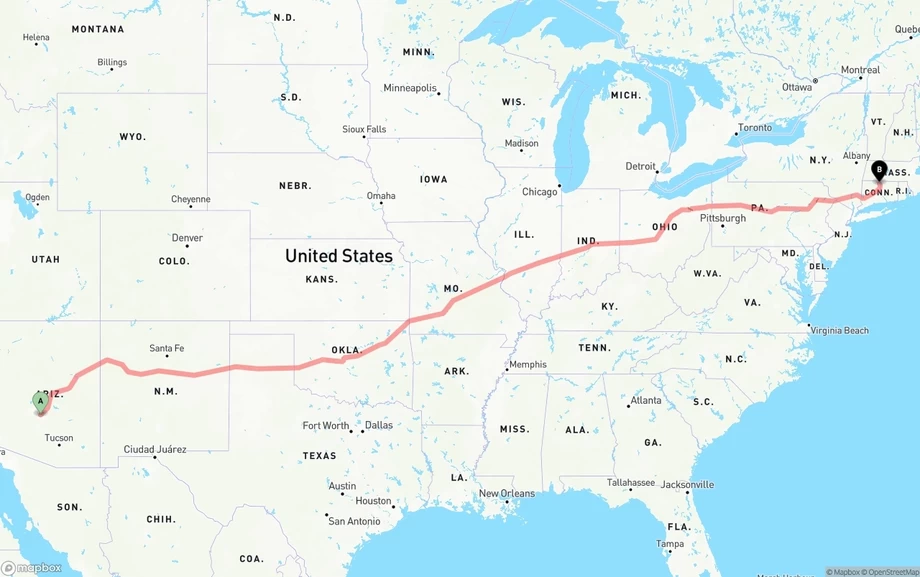 Mesa to Bradley International Airport freight shipping route map