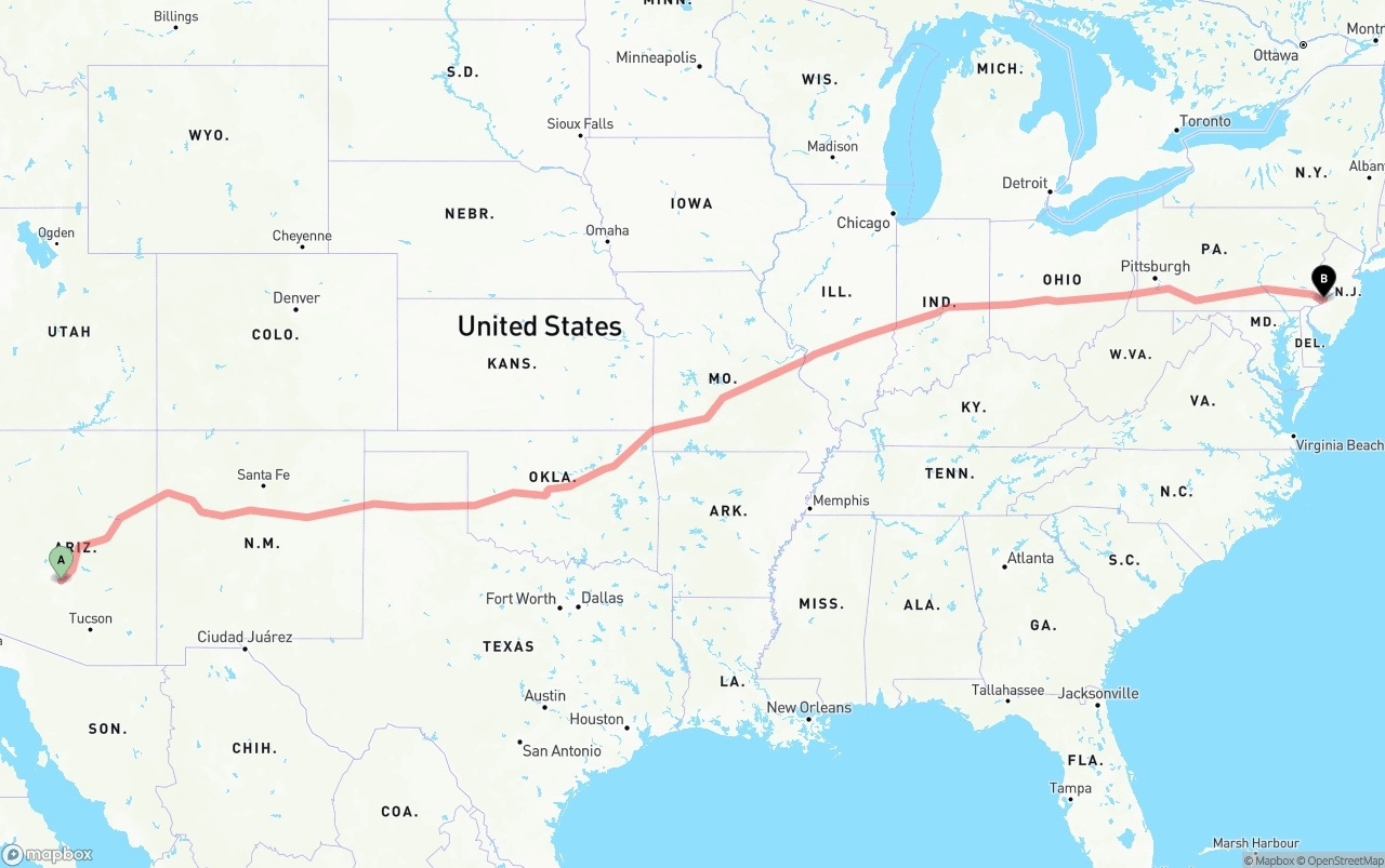 Shipping route from Mesa to Port of Philadelphia