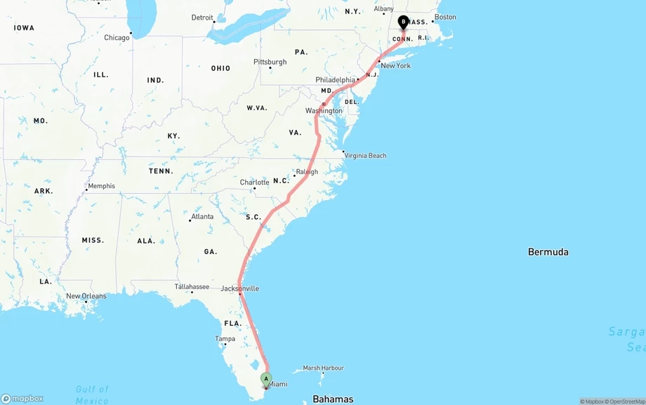 Miami to Bradley International Airport freight shipping route map