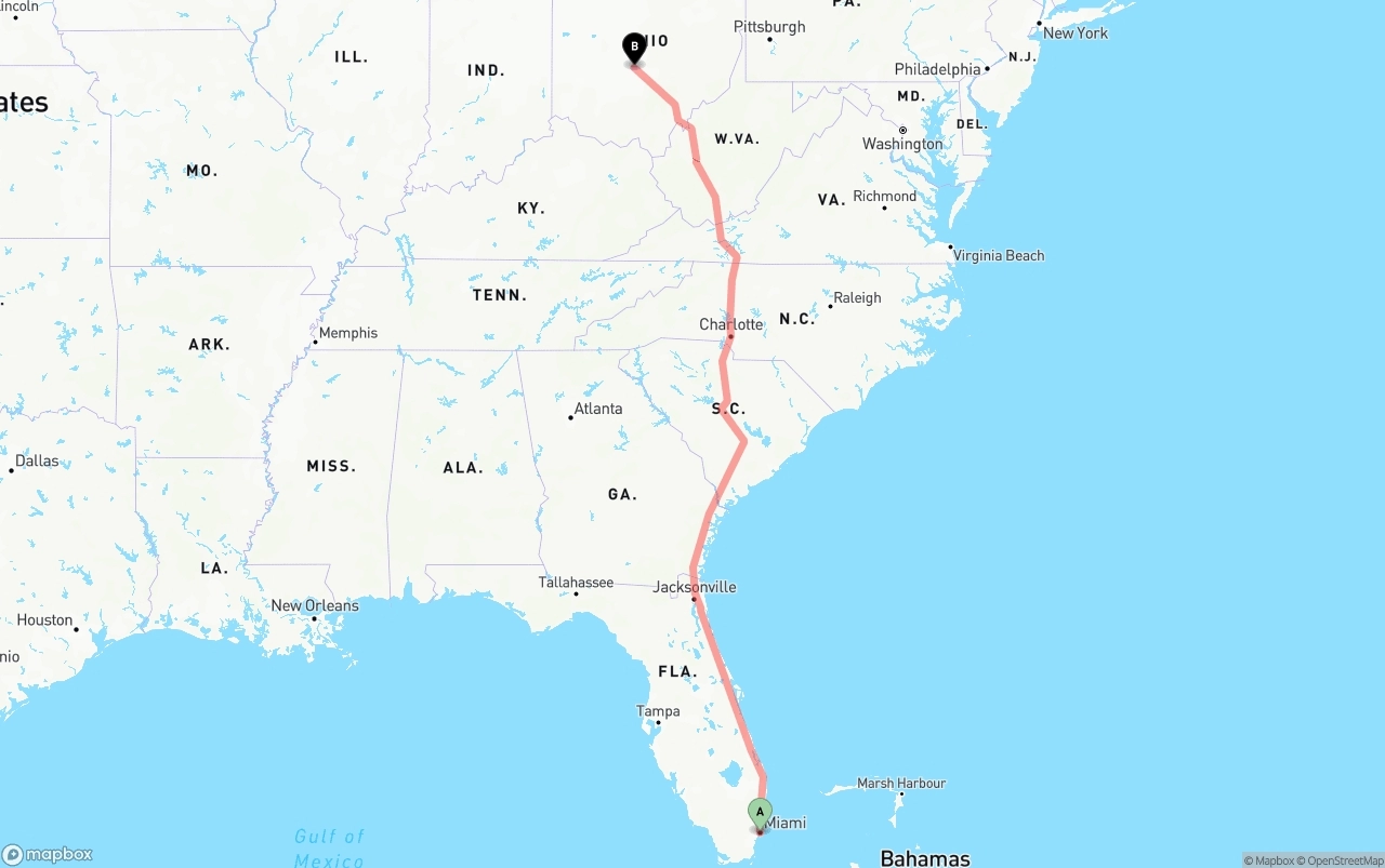 Shipping route from Miami to Columbus