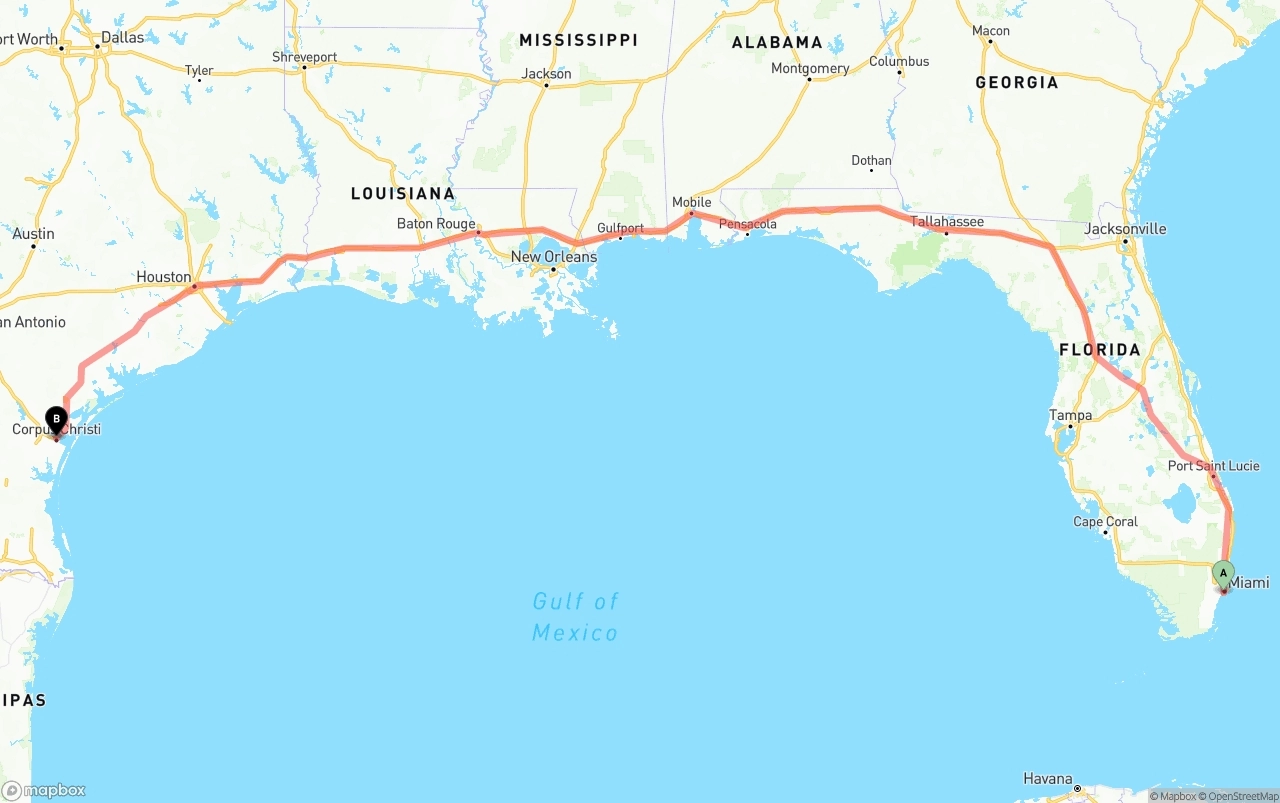 Shipping route from Miami to Corpus Christi