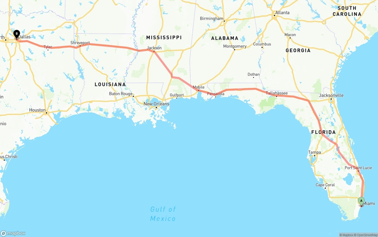 Shipping route from Miami to Dallas