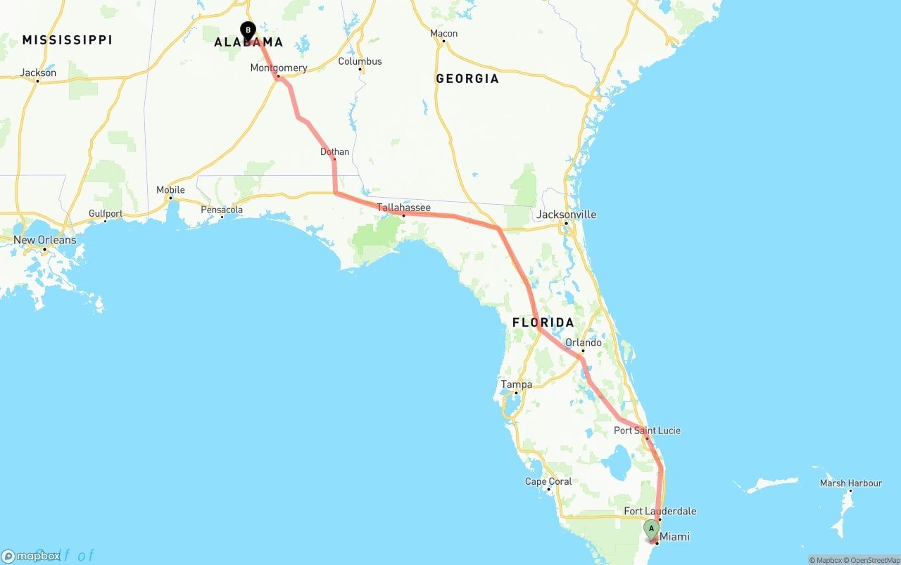 Shipping route from Miami International Airport to Alabama