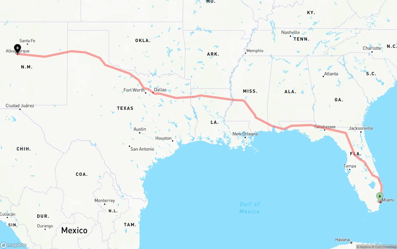 Shipping route from Miami International Airport to Albuquerque