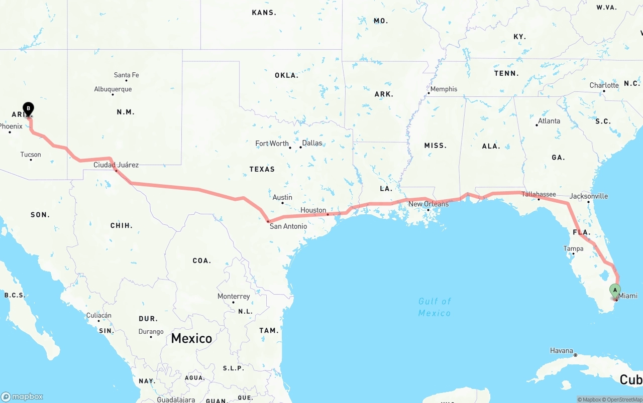 Shipping route from Miami International Airport to Arizona