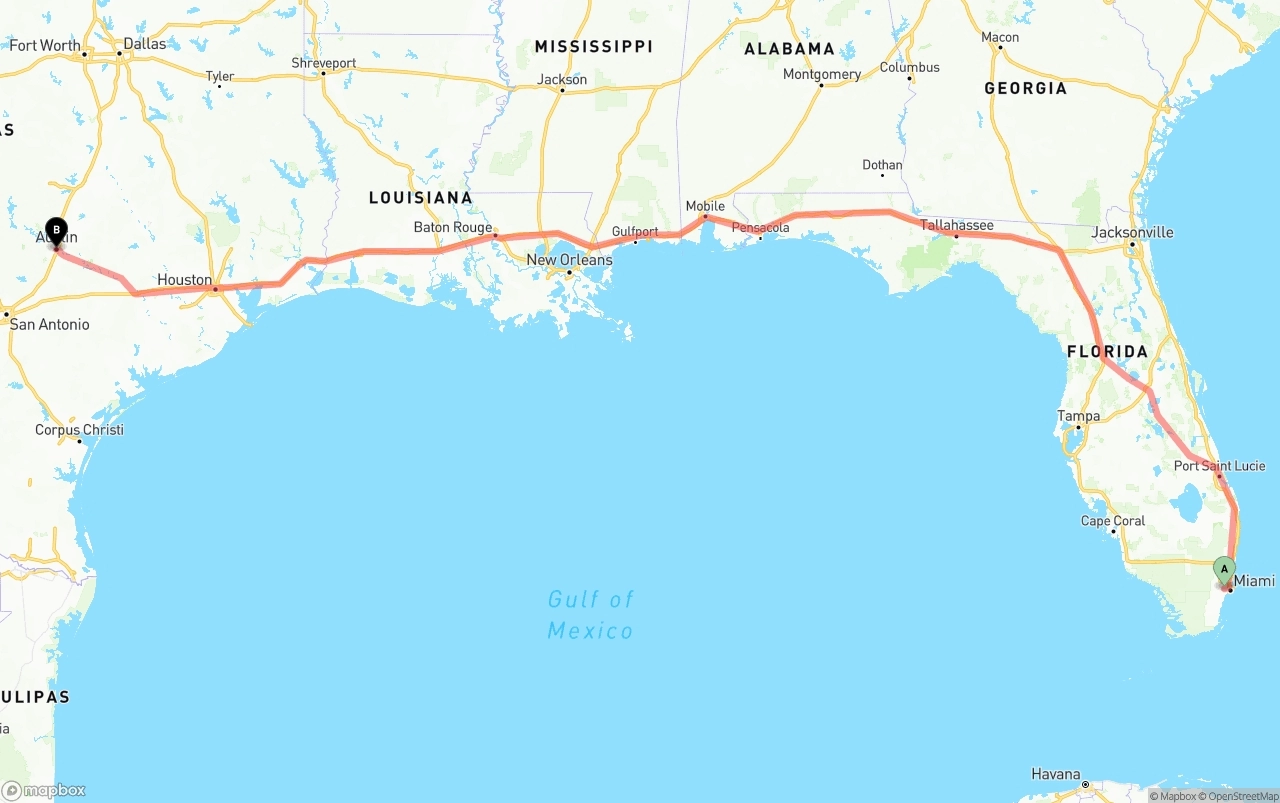 Shipping route from Miami International Airport to Austin