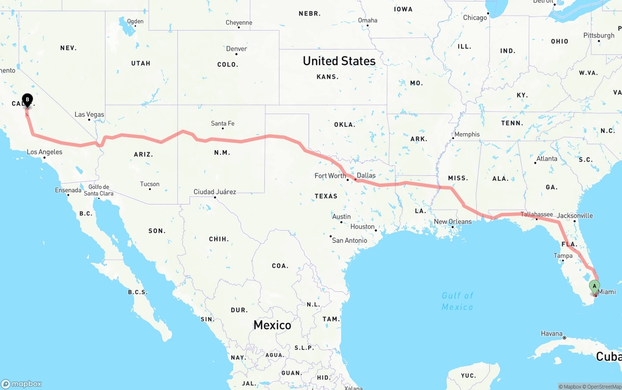 Shipping route from Miami International Airport to California