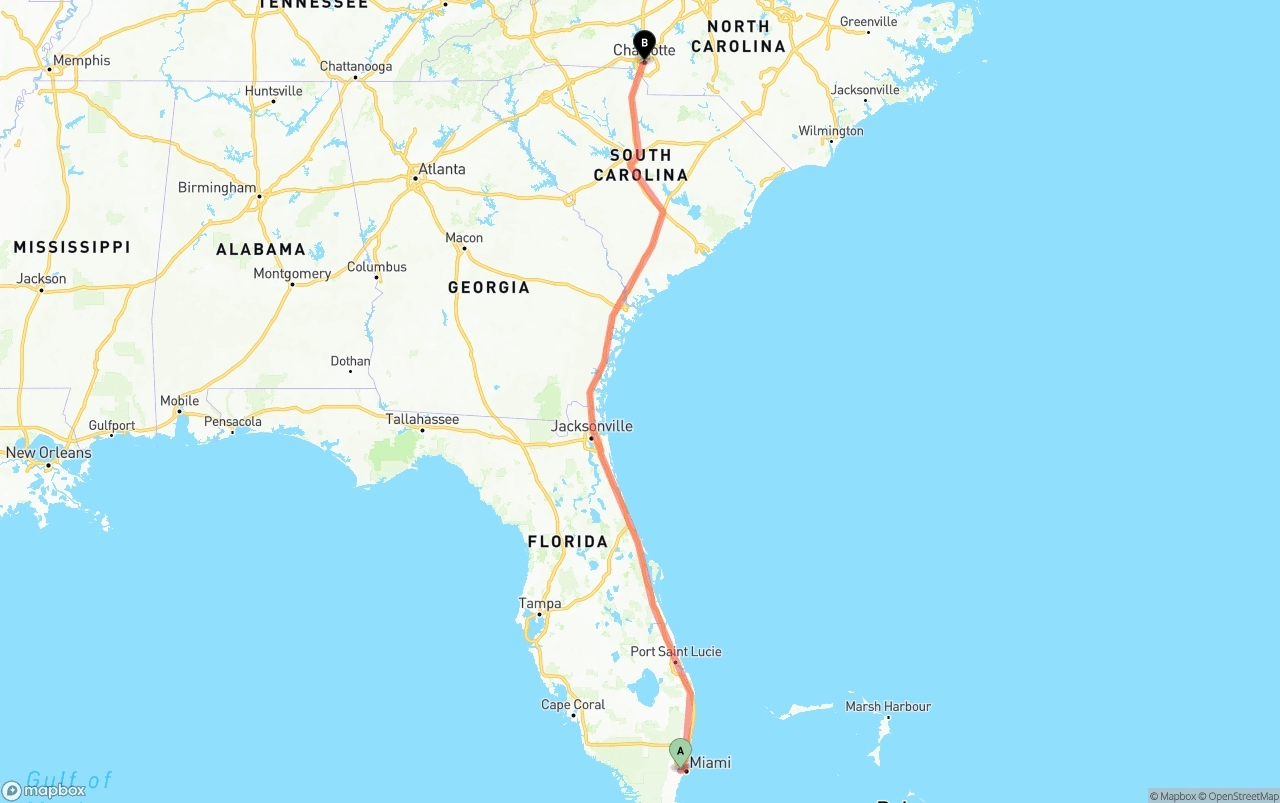 Shipping route from Miami International Airport to Charlotte