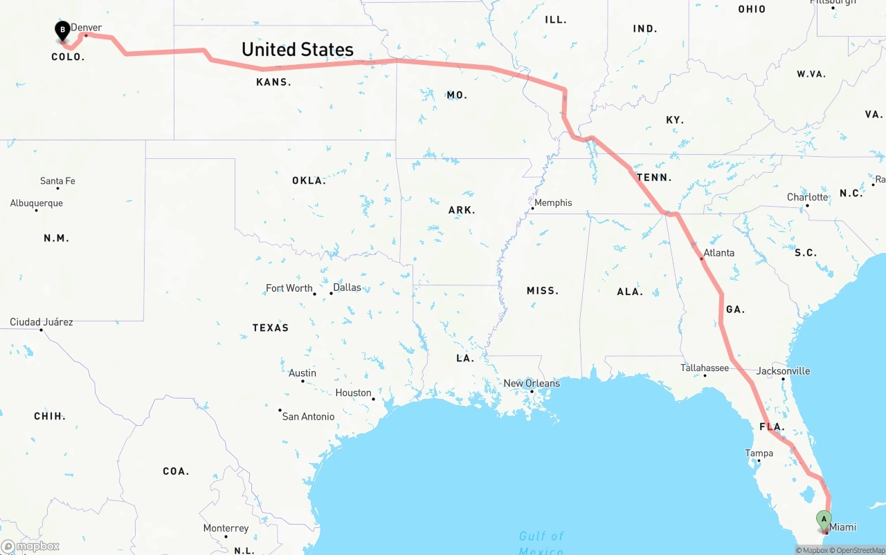 Shipping route from Miami International Airport to Colorado