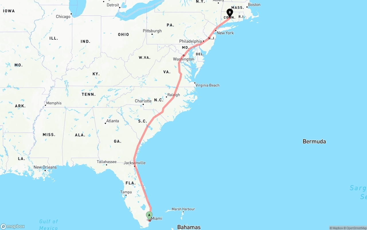 Shipping route from Miami International Airport to Connecticut