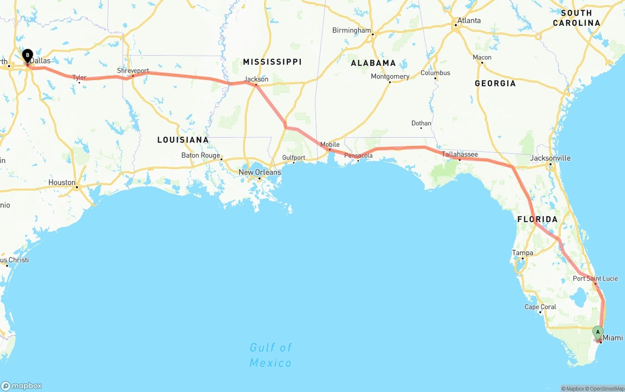 Shipping route from Miami International Airport to Dallas