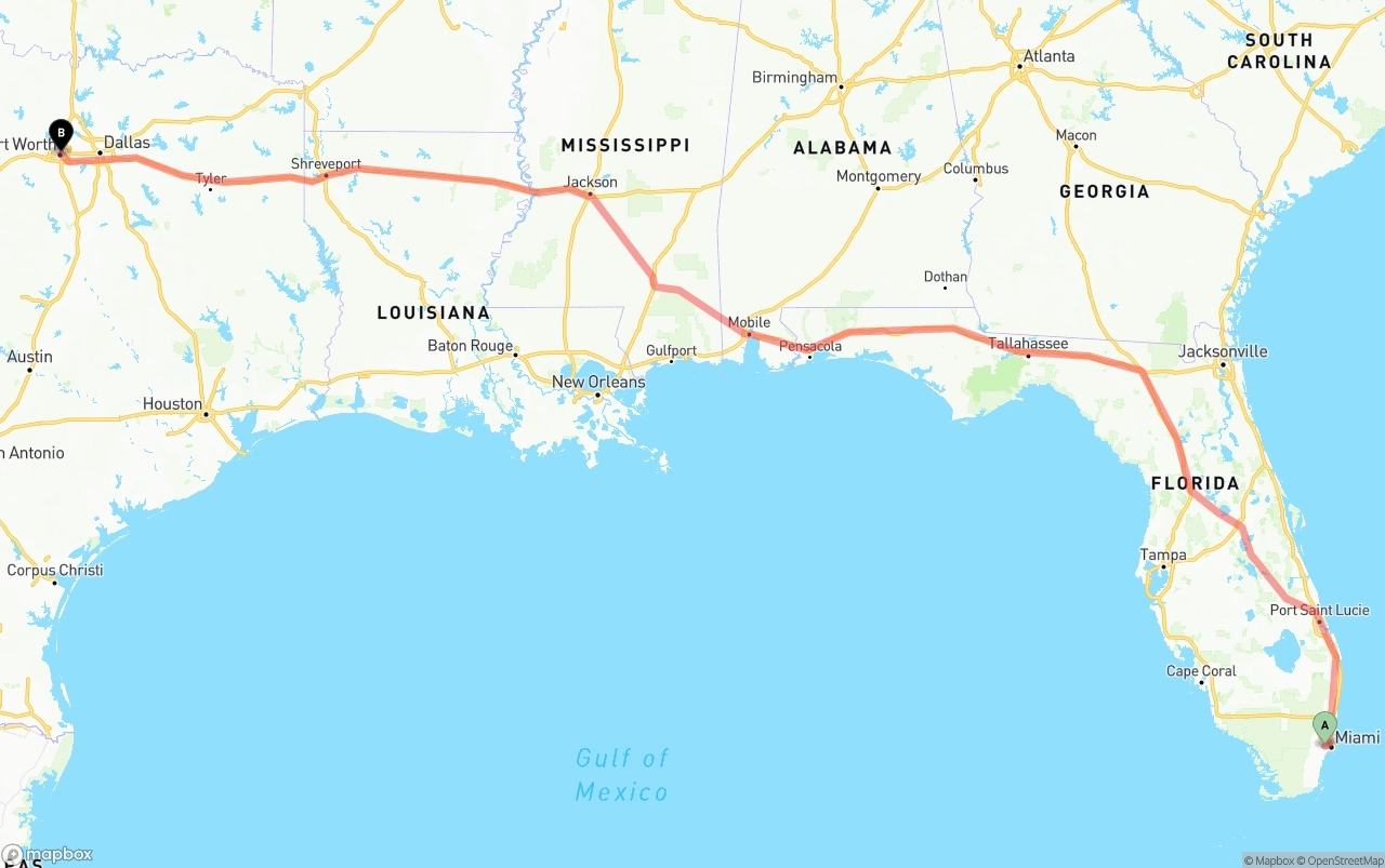 Shipping route from Miami International Airport to Fort Worth