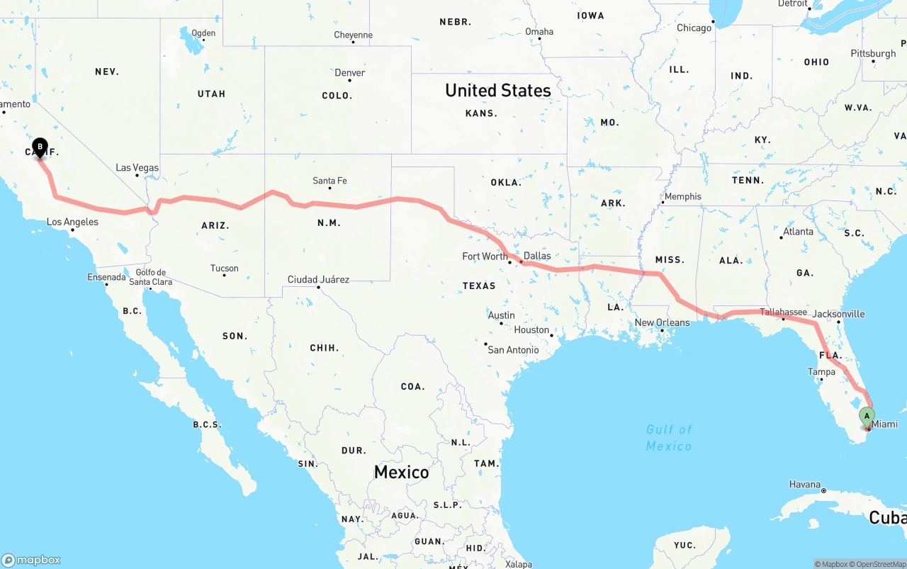 Shipping route from Miami International Airport to Fresno