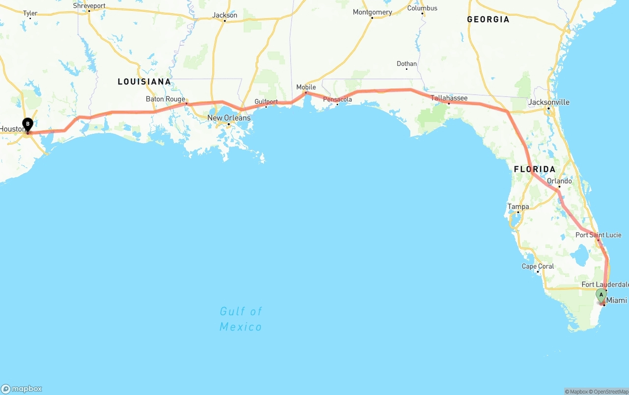 Shipping route from Miami International Airport to Houston