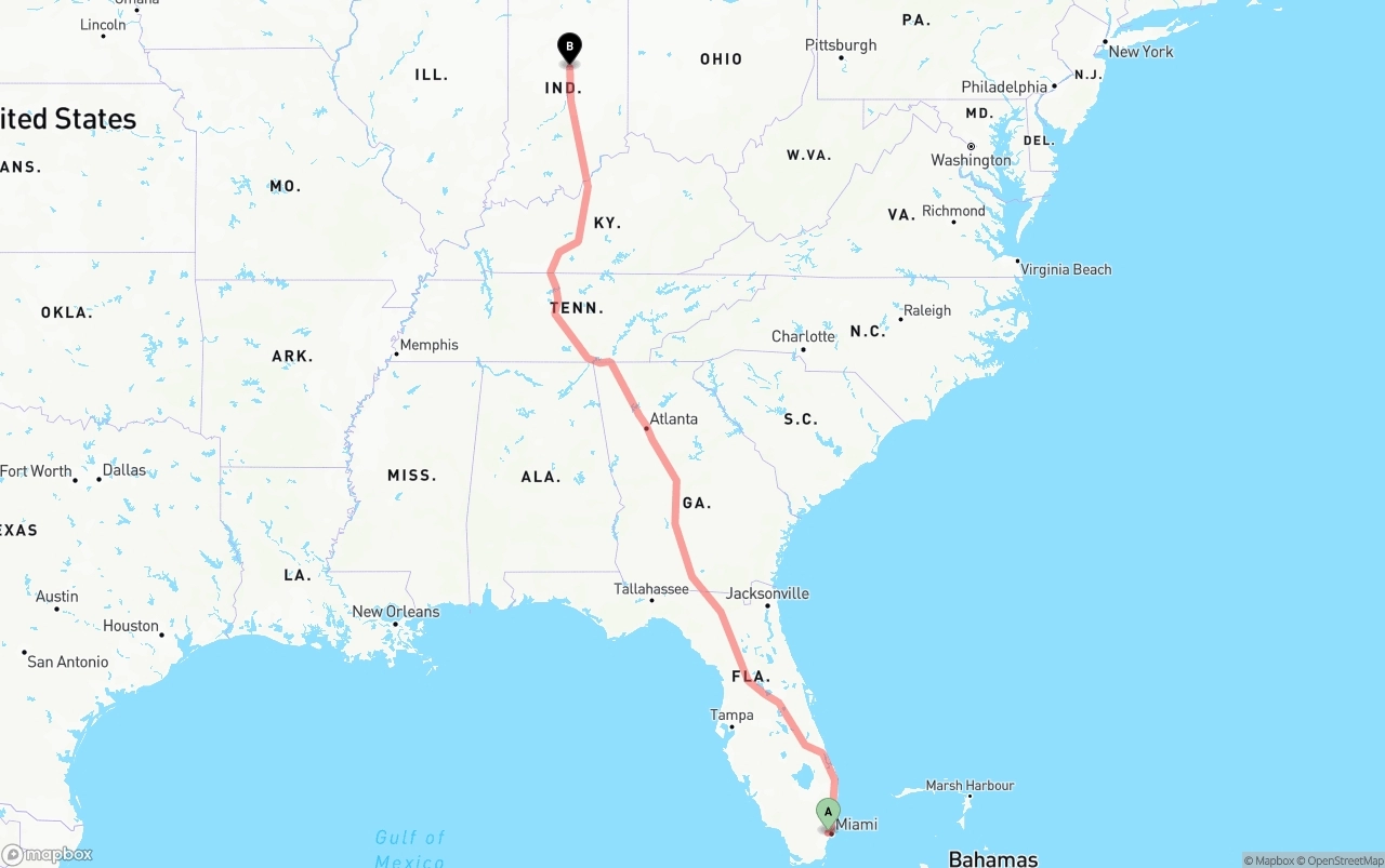 Shipping route from Miami International Airport to Indiana