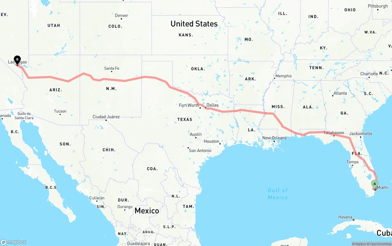 Shipping route from Miami International Airport to Las Vegas