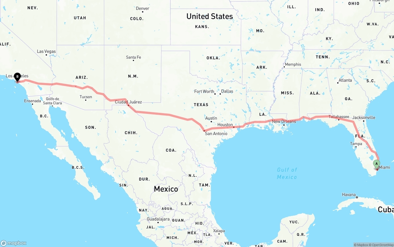Shipping route from Miami International Airport to Long Beach