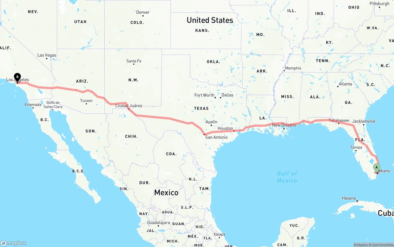 Shipping route from Miami International Airport to Los Angeles