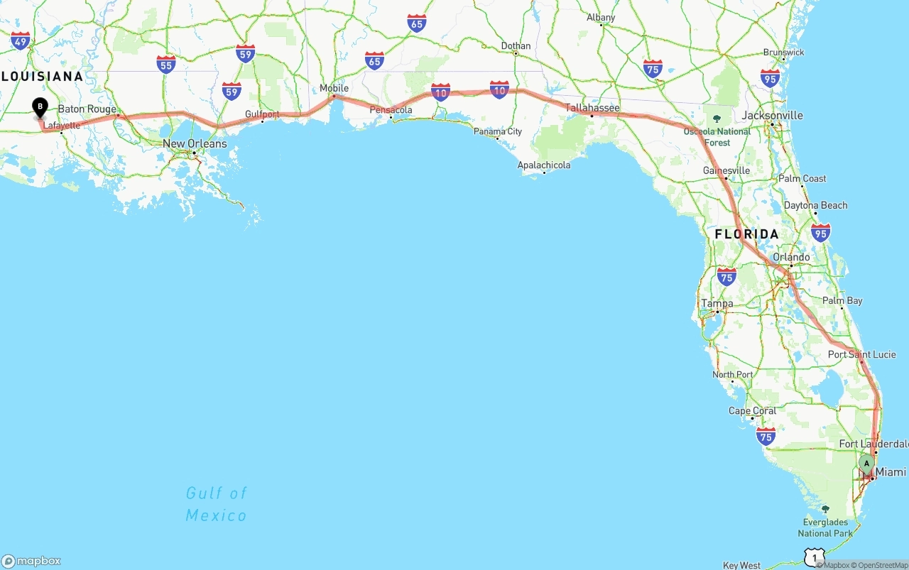 Shipping route from Miami International Airport to Louisiana