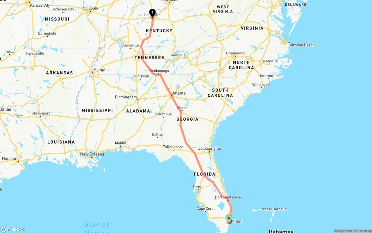 Shipping route from Miami International Airport to Louisville
