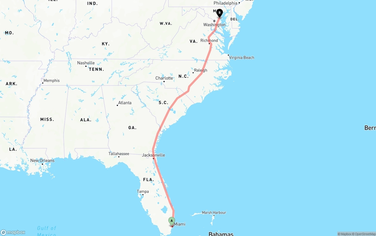 Shipping route from Miami International Airport to Maryland