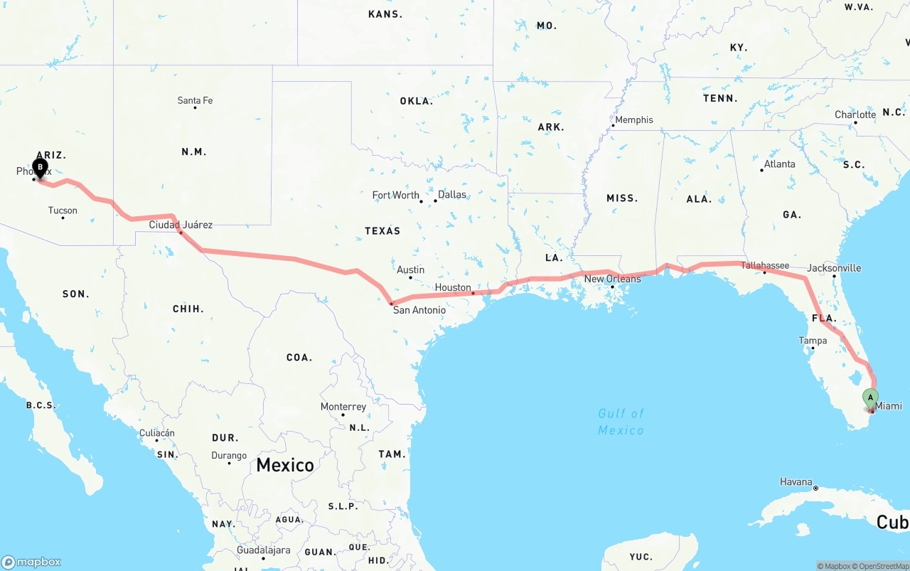 Shipping route from Miami International Airport to Mesa