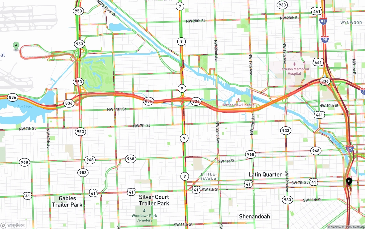 Shipping route from Miami International Airport to Miami