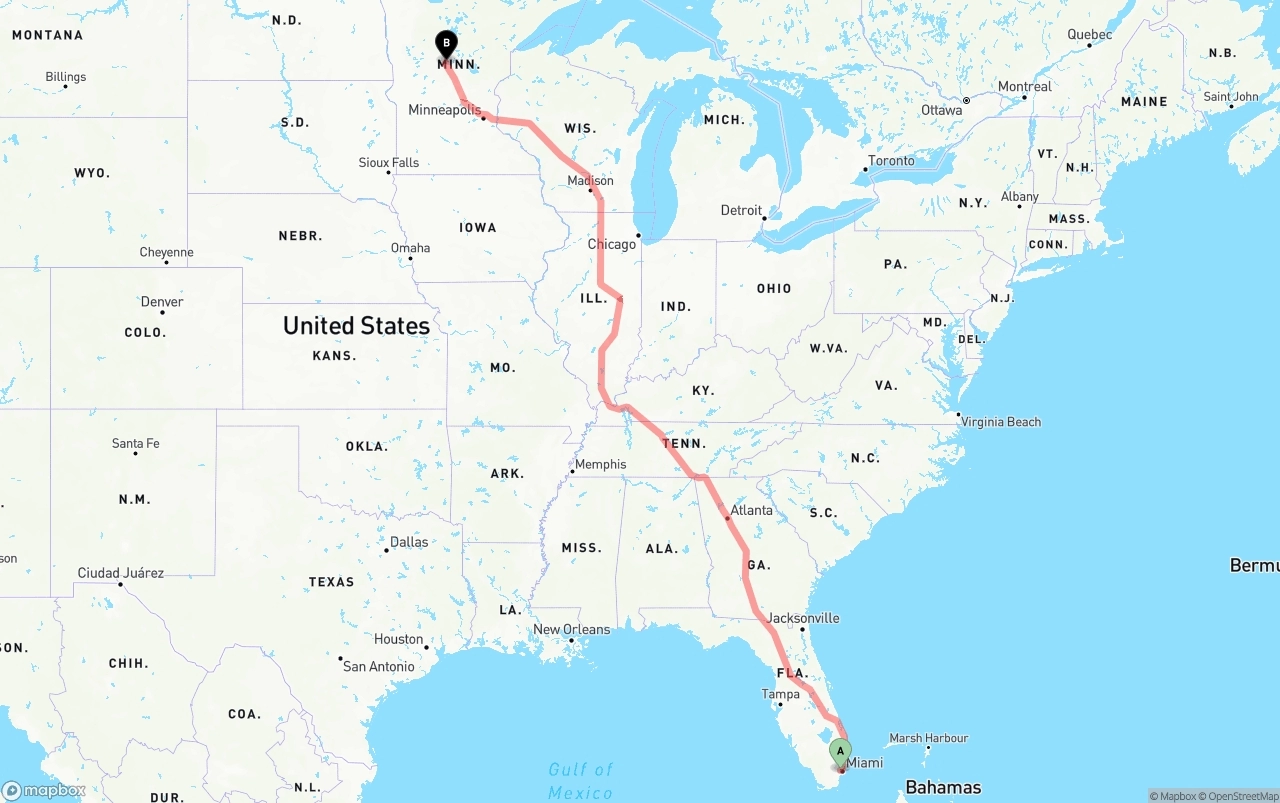 Shipping route from Miami International Airport to Minnesota