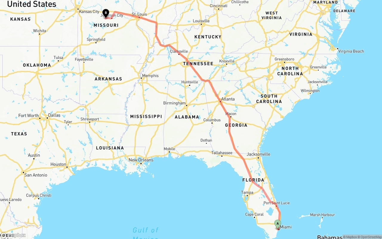 Shipping route from Miami International Airport to Missouri