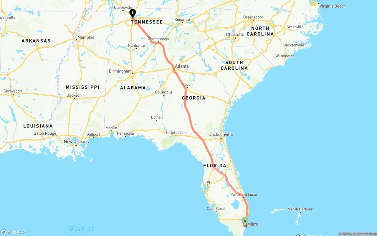 Shipping route from Miami International Airport to Nashville