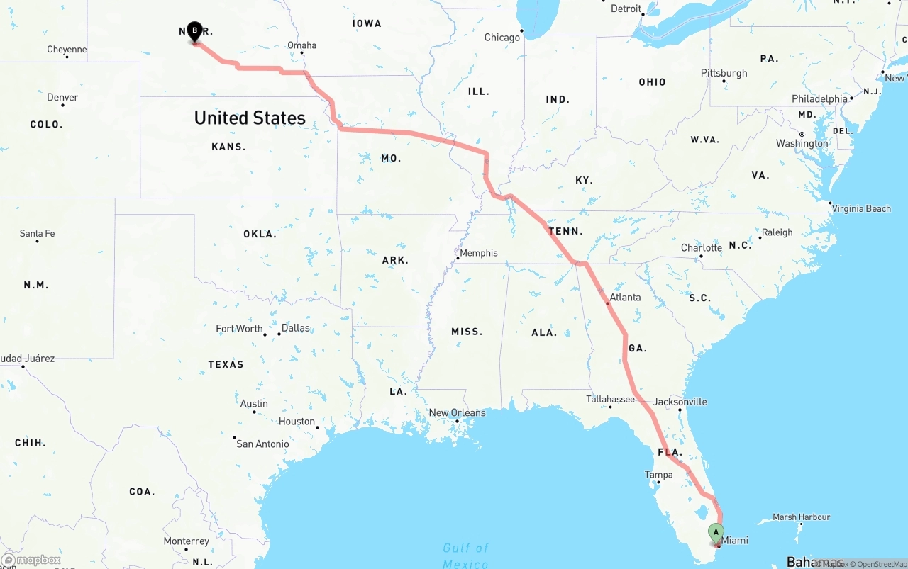 Shipping route from Miami International Airport to Nebraska
