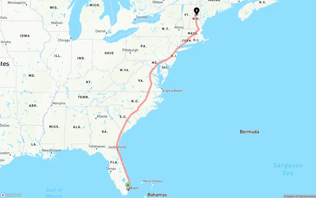Shipping route from Miami International Airport to New Hampshire
