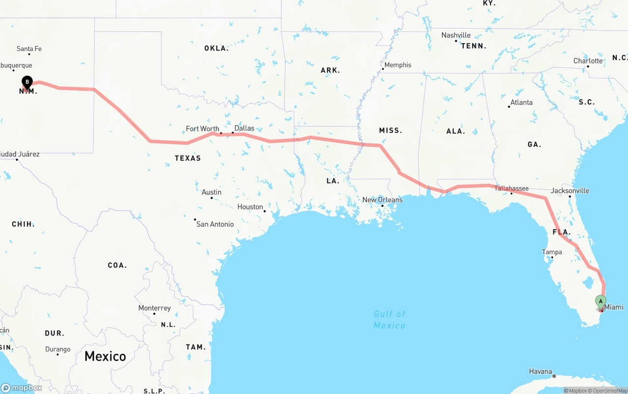 Shipping route from Miami International Airport to New Mexico