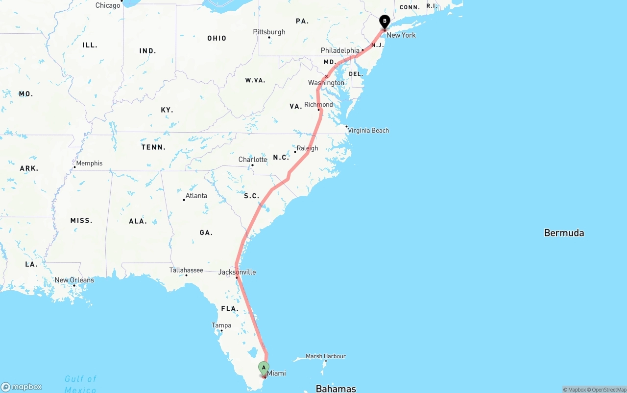 Shipping route from Miami International Airport to New York City