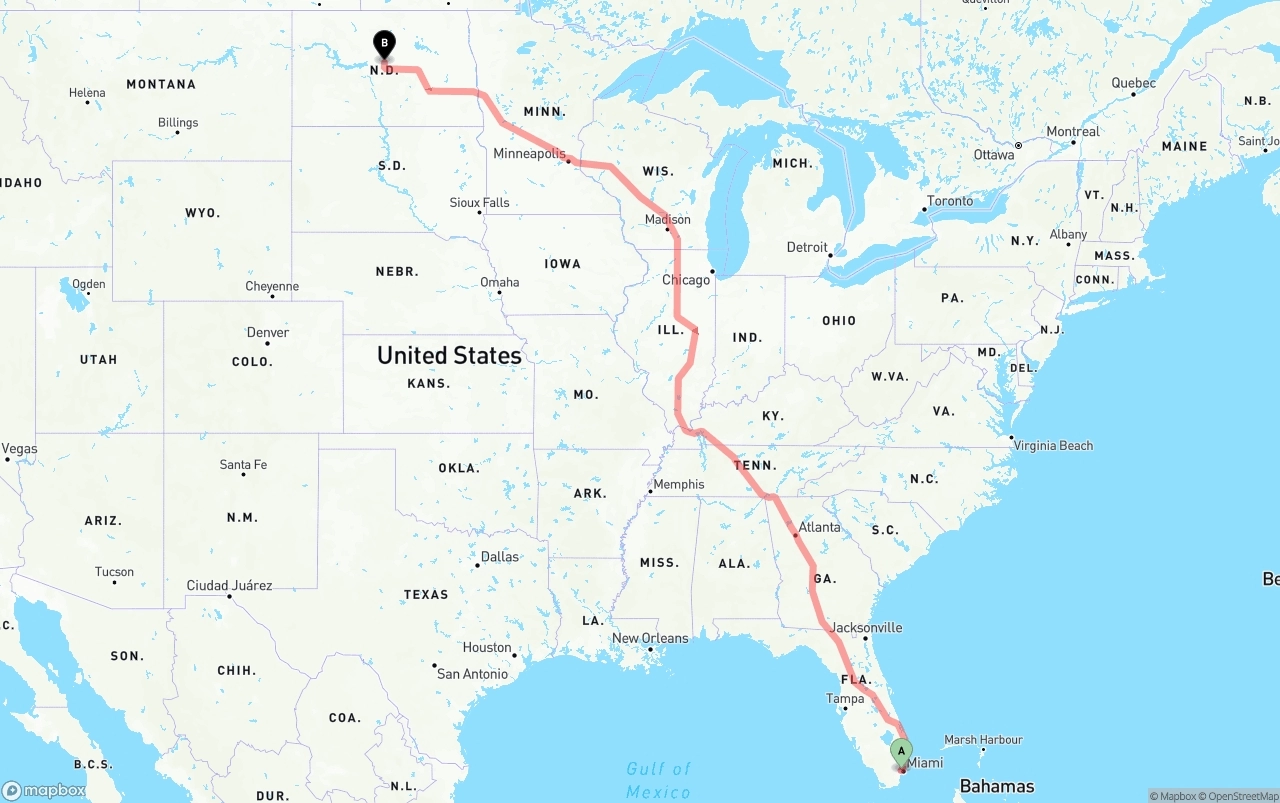 Shipping route from Miami International Airport to North Dakota