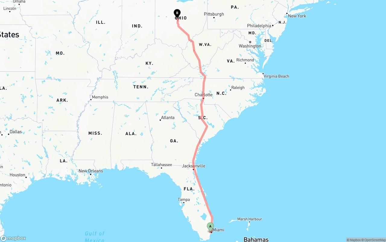 Shipping route from Miami International Airport to Ohio