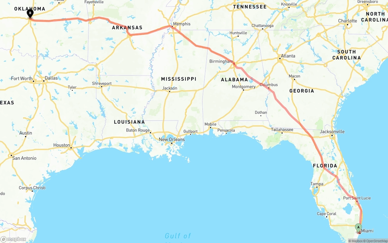 Shipping route from Miami International Airport to Oklahoma City
