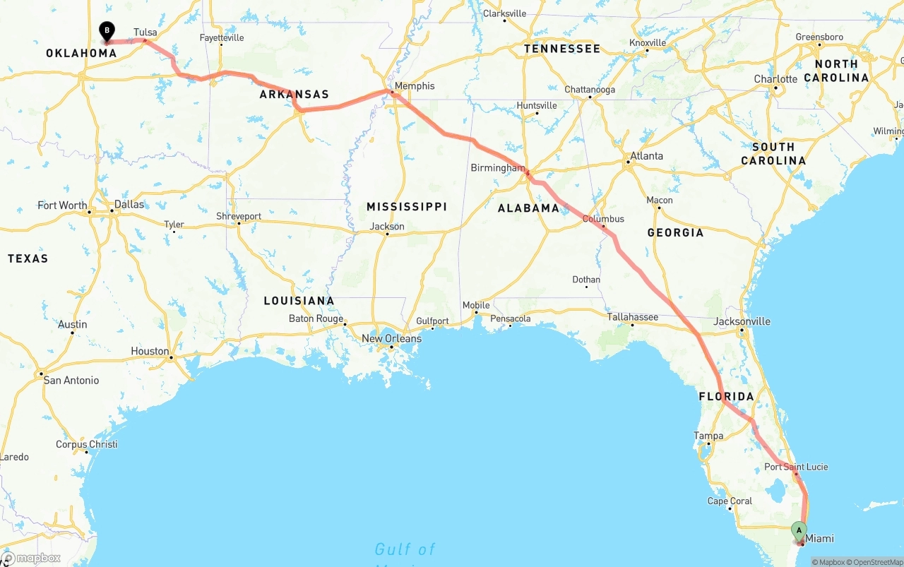 Shipping route from Miami International Airport to Oklahoma