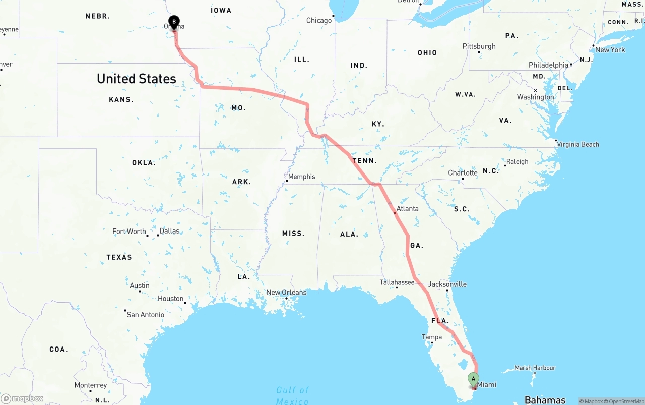 Shipping route from Miami International Airport to Omaha