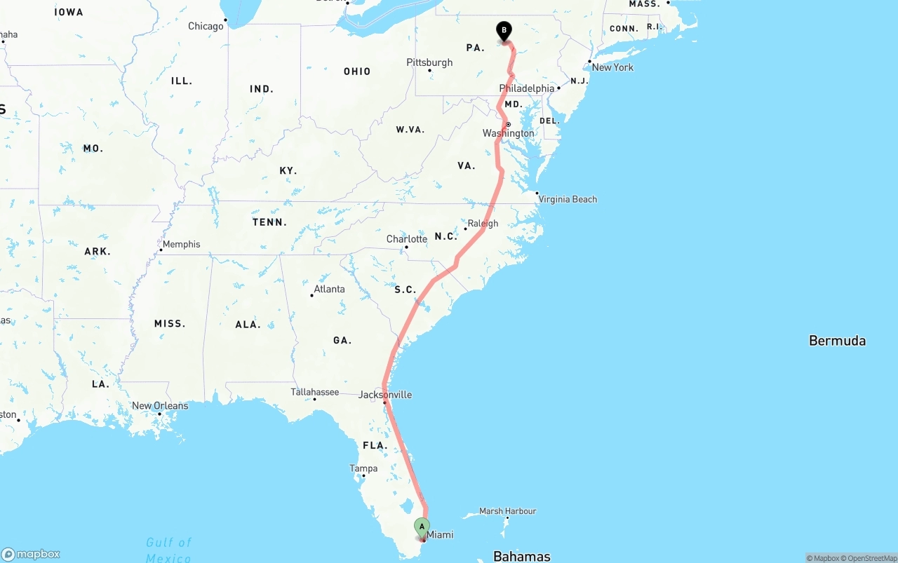 Shipping route from Miami International Airport to Pennsylvania