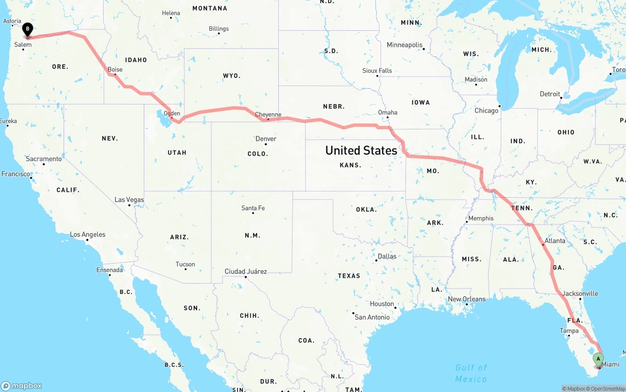 Shipping route from Miami International Airport to Portland