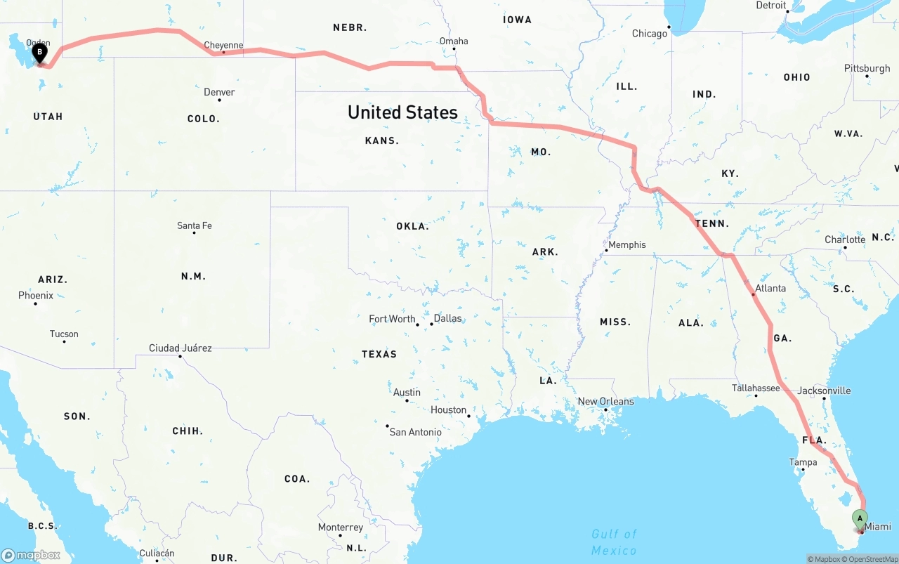 Shipping route from Miami International Airport to Salt Lake City