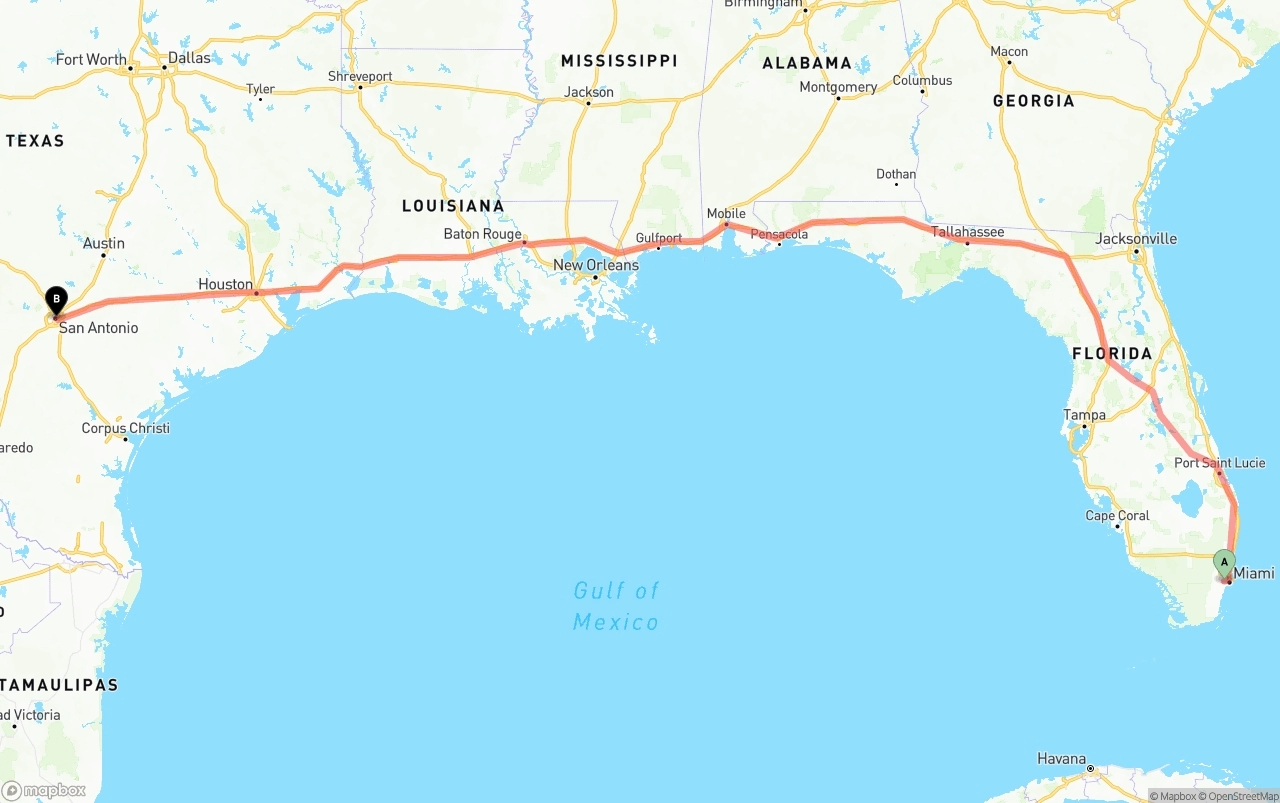 Shipping route from Miami International Airport to San Antonio