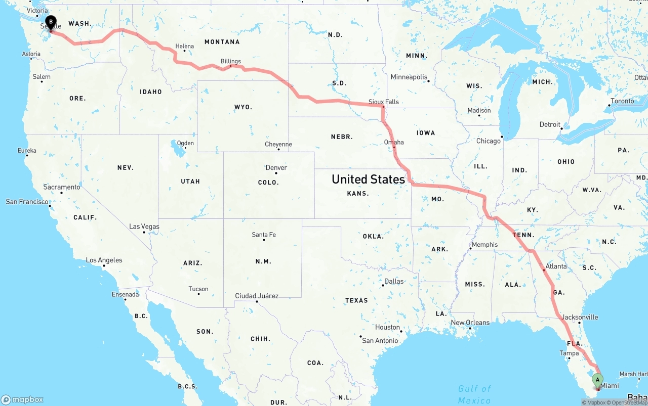 Shipping route from Miami International Airport to Seattle