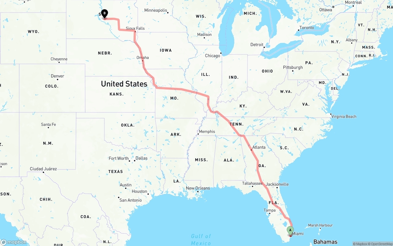 Shipping route from Miami International Airport to South Dakota