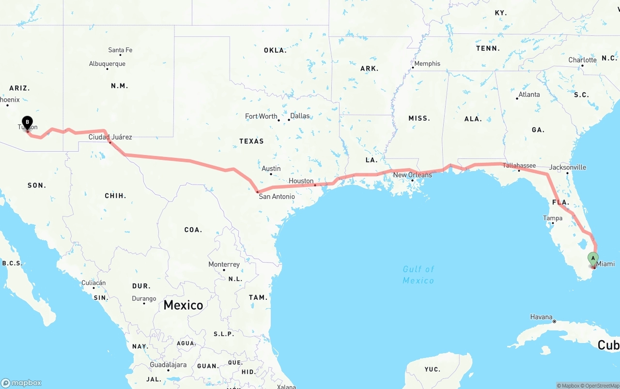 Shipping route from Miami International Airport to Tucson