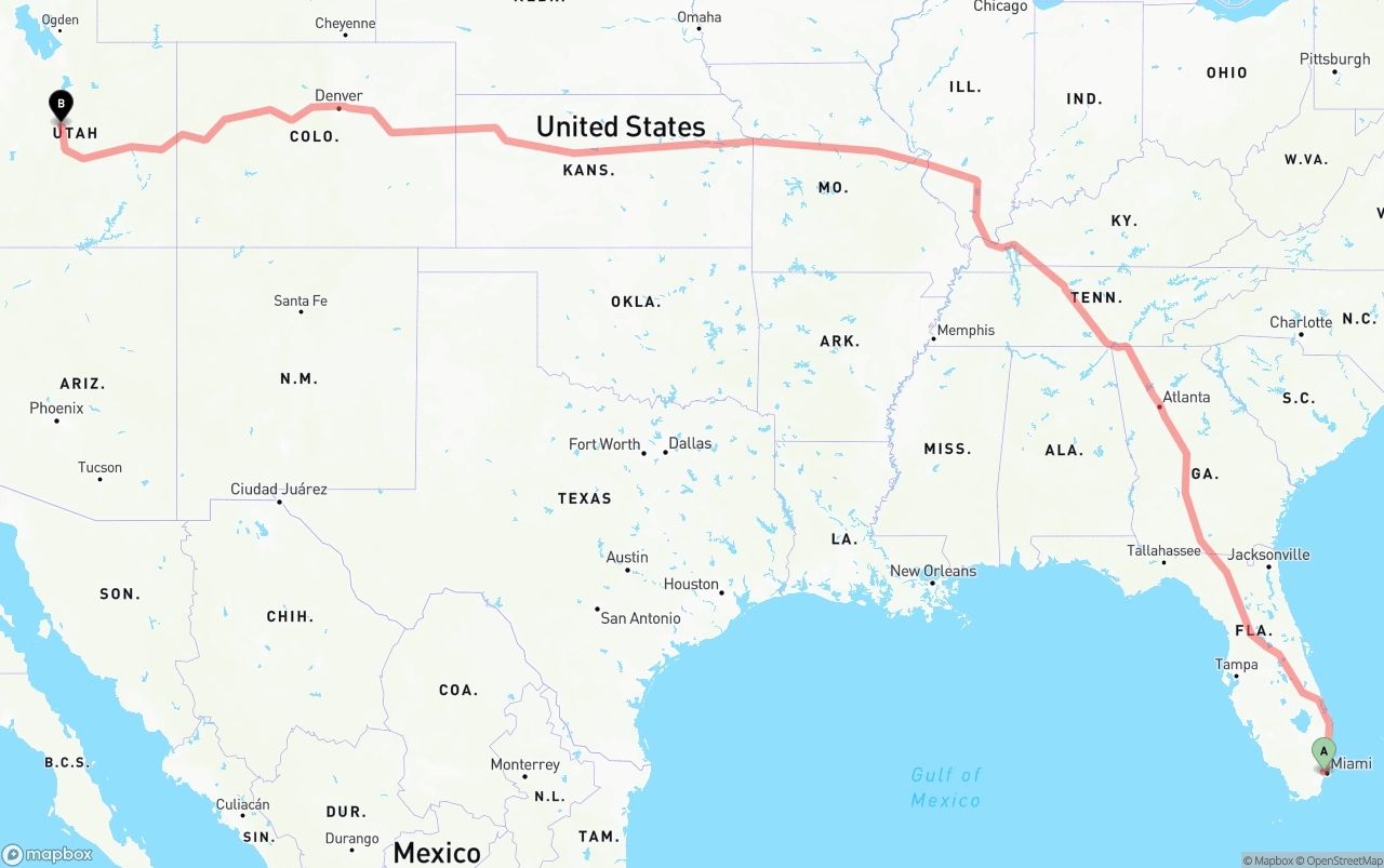 Shipping route from Miami International Airport to Utah