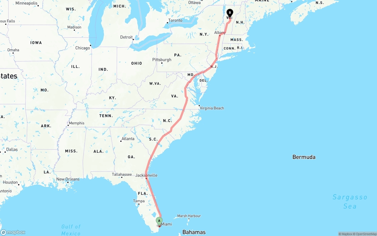 Shipping route from Miami International Airport to Vermont